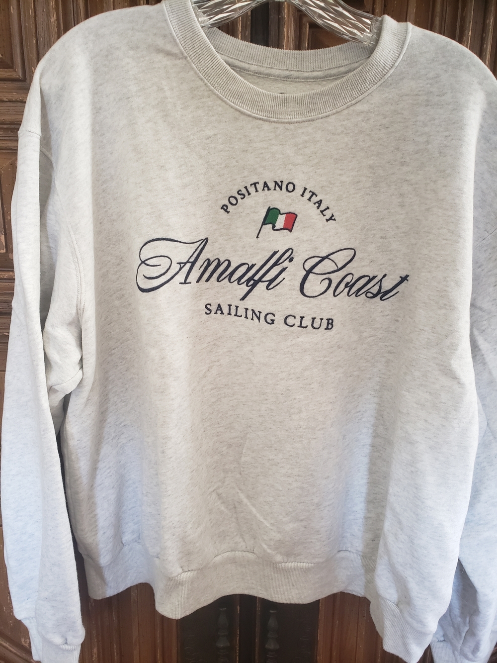 Hollister Light Gray Crewneck with Navy Script and Small Red & Green Flag